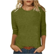Xihbxyly 3/4 Sleeve Shirts for Women Solid Color Fashion Printed T-Shirt 3/4 Sleeves Blouse Round Neck Casual Tees Tops Loose Comfortable Lightweight Blouse Tops Tshirts Plus Size Tops